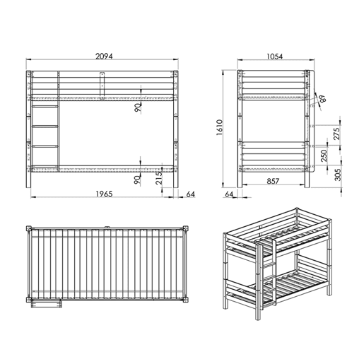 Beliche 90x200 Altura 160 cm Mola de caixa incluída Vipack Pino - Branco