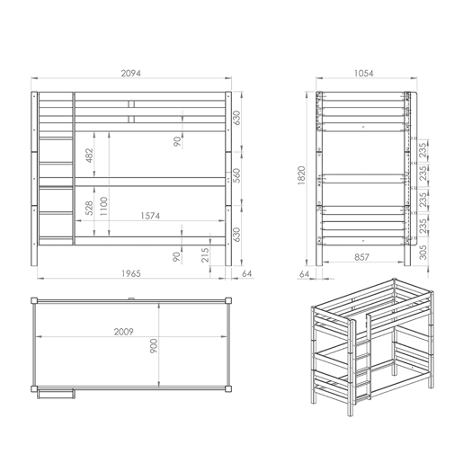 Beliche 90x200 Altura 180 cm Mola de caixa incluída Vipack Pino Cinzento