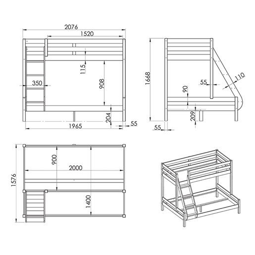 Beliche 90x200 e 140x200 Incluindo Mola Box Vipack Pino - Madeira