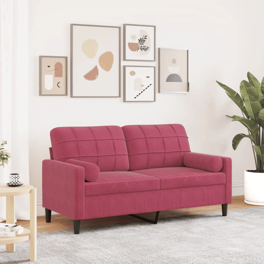 Sofá 2 lug. - Sofá fixo + almofadas decorativas 140cm veludo vermelho tinto