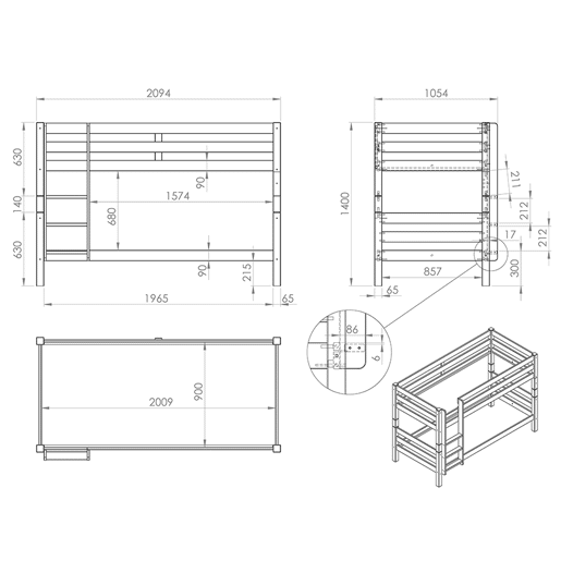 Beliche 90x200 altura 140 cm estrado incluído Vipack Pino Madeira