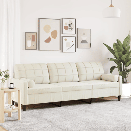 Sofá 3 lugares - Sofá fixo c almofadas decorativas 210 cm veludo creme