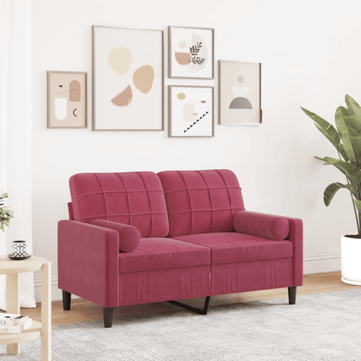 Sofá 2 lug. - Sofá fixo + almofadas decorativas 120cm veludo vermelho tinto