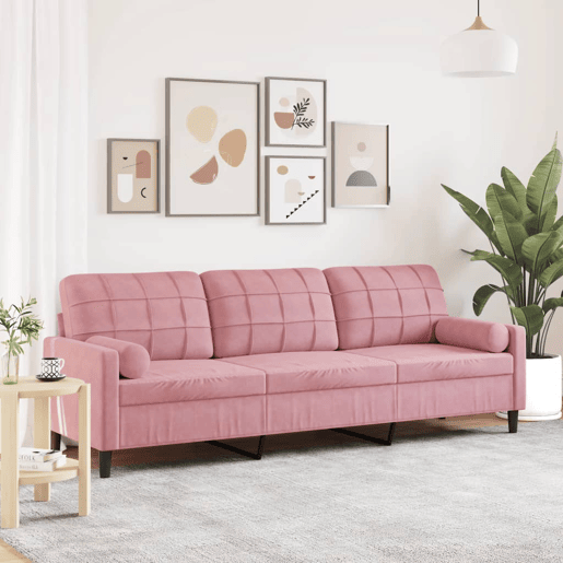 Sofá 3 lugares - Sofá fixo c almofadas decorativas 210 cm veludo rosa