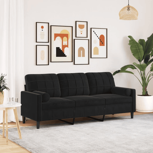 Sofá 3 lugares - Sofá fixo c almofadas decorativas 180 cm veludo preto
