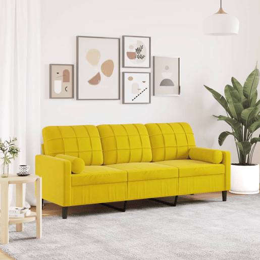 Sofá 3 lugares - Sofá fixo c almofadas decorativas 180 cm veludo amarelo
