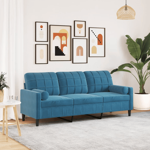 Sofá 3 lugares - Sofá fixo c almofadas decorativas 180 cm veludo azul Sofá 3 lugares - Sofá fixo c almofadas decorativas 180 cm veludo azul
