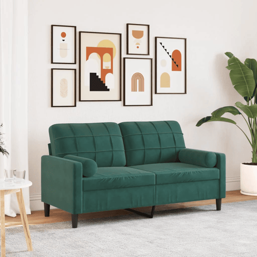 Sofá 2 lug. - Sofá fixo c almofadas decorativas 140cm veludo verde-escuro