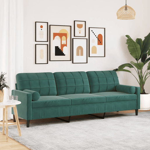 Sofá 3 lug. - Sofá fixo c almofadas decorativas 210 cm veludo verde-escuro Sofá 3 lug. - Sofá fixo c almofadas decorativas 210 cm veludo verde-escuro