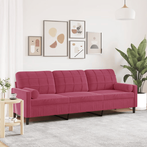 Sofá 3 lug. - Sofá fixo + almofadas decorativas 210cm veludo vermelho tinto