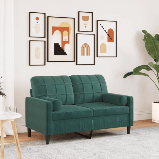 Sofá 2 lug. - Sofá fixo c almofadas decorativas 120 cm veludo verde-escuro