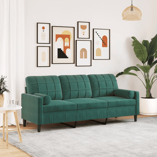 Sofá 3 lug. - Sofá fixo c almofadas decorativas 180 cm veludo verde-escuro