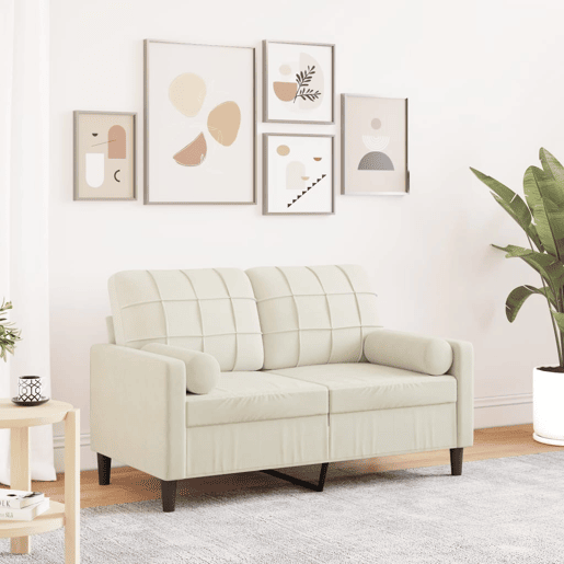 Sofá 2 lugares - Sofá fixo c almofadas decorativas 120 cm veludo creme