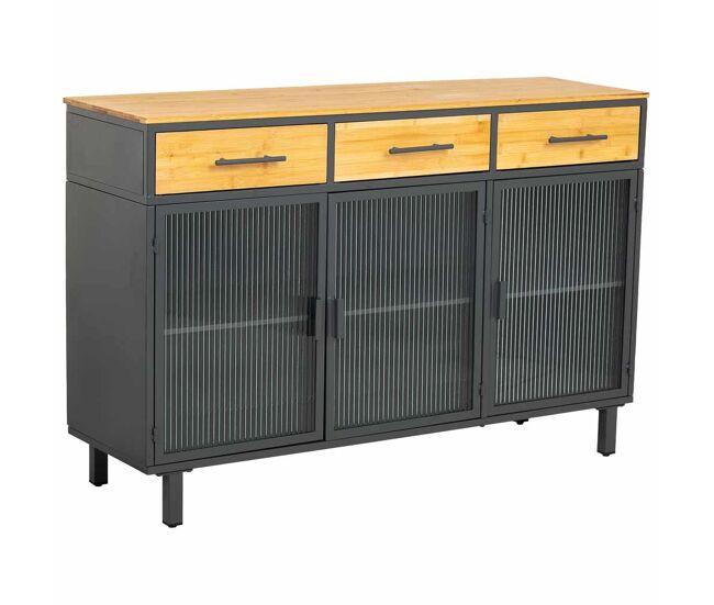 Aparador vidrio, metal y madera 3 cajones negro120x35x79,5h cm
