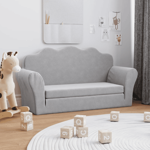 Sofá-cama infantil, Sofá conversível para crianças de 2 lugares pelúcia macia cinzento-claro