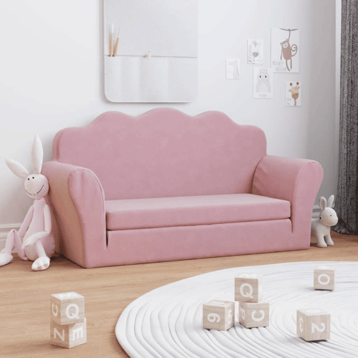 Sofá-cama infantil, Sofá conversível de 2 lugares pelúcia macia rosa