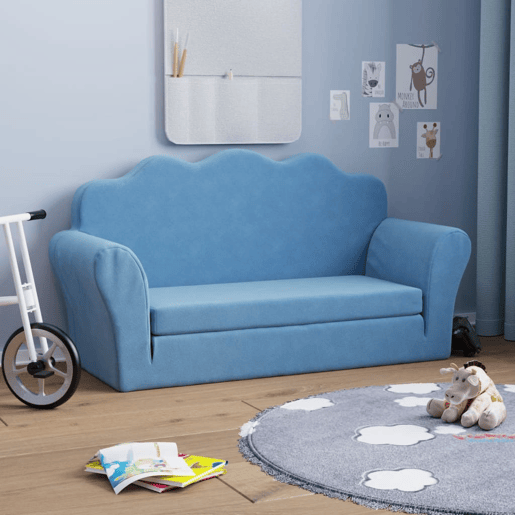 Sofá-cama infantil, Sofá conversível para crianças de 2 lugares pelúcia macia azul Sofá-cama infantil, Sofá conversível para crianças de 2 lugares pelúcia macia azul