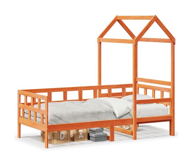 Cama infantil - Cama para niños con techo madera maciza pino marrón cera 90x200 cm