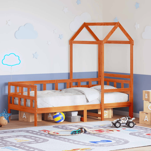 Cama infantil - Cama para crianças com telhado 90x200 cm pinho maciço castanho-mel Cama infantil - Cama para crianças com telhado 90x200 cm pinho maciço castanho-mel