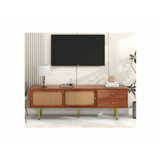 Móvel de TV em rattan com efeito madeira escura com 2 portas de correr e 2 gavetas e pés dourados Móvel de TV em rattan com efeito madeira escura com 2 portas de correr e 2 gavetas e pés dourados