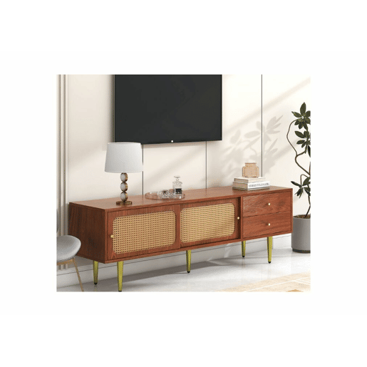 Móvel de TV em rattan com efeito madeira escura com 2 portas de correr e 2 gavetas e pés dourados Móvel de TV em rattan com efeito madeira escura com 2 portas de correr e 2 gavetas e pés dourados