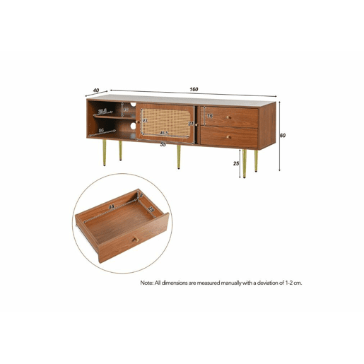 Móvel de TV em rattan com efeito madeira escura com 2 portas de correr e 2 gavetas e pés dourados Móvel de TV em rattan com efeito madeira escura com 2 portas de correr e 2 gavetas e pés dourados