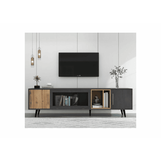 Móvel de TV em vidro cinzento e ondulado com 3 portas articuladas, nicho de arrumação aberto 200 x 40