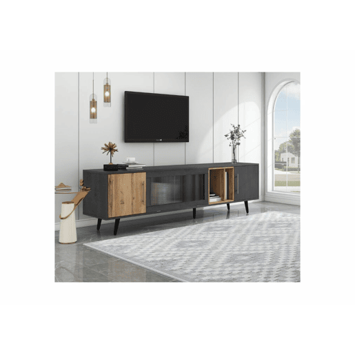 Móvel de TV em vidro cinzento e ondulado com 3 portas articuladas, nicho de arrumação aberto 200 x 40