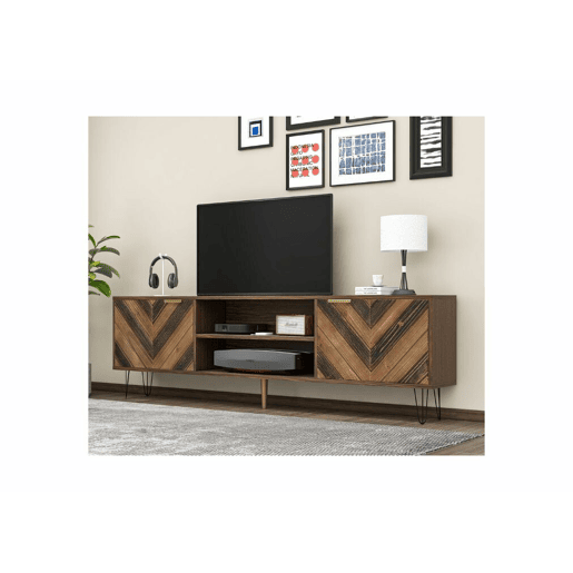 Móvel TV efeito madeira, 2 portas e 2 nichos abertos, castanho, 155x38x48cm