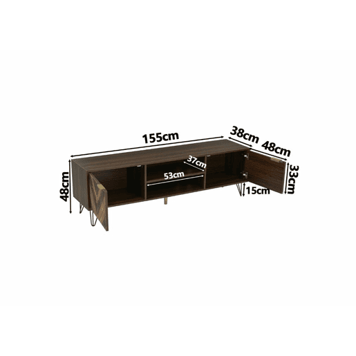 Móvel TV efeito madeira, 2 portas e 2 nichos abertos, castanho, 155x38x48cm