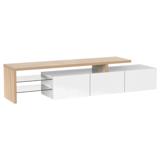 Design moderno de armário de TV com aparência de madeira branca brilhante, iluminação LED, 3 portas articuladas e prateleiras de vidro para armazenamento