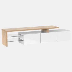 Design moderno de armário de TV com aparência de madeira branca brilhante, iluminação LED, 3 portas articuladas e prateleiras de vidro para armazenamento