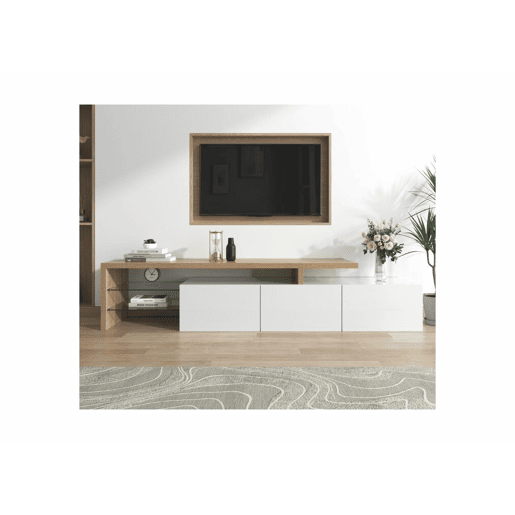 Design moderno de armário de TV com aparência de madeira branca brilhante, iluminação LED, 3 portas articuladas e prateleiras de vidro para armazenamento