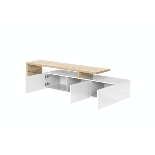 Design moderno de armário de TV com aparência de madeira branca brilhante, iluminação LED, 3 portas articuladas e prateleiras de vidro para armazenamento
