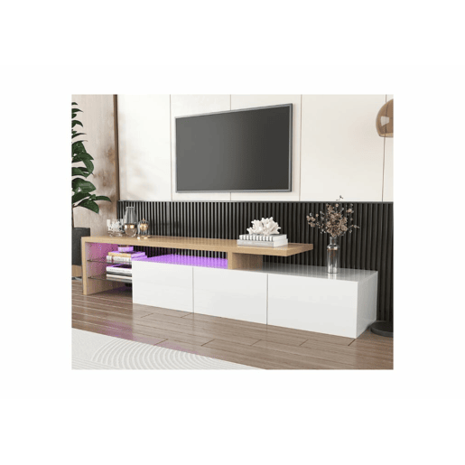 Design moderno de armário de TV com aparência de madeira branca brilhante, iluminação LED, 3 portas articuladas e prateleiras de vidro para armazenamento
