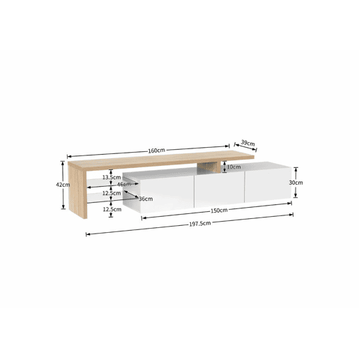 Design moderno de armário de TV com aparência de madeira branca brilhante, iluminação LED, 3 portas articuladas e prateleiras de vidro para armazenamento