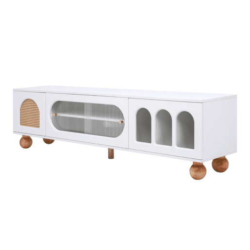 Móvel de TV branco com porta de vime e puxadores dourados 170*47*37 cm