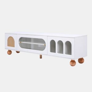 Móvel de TV branco com porta de vime e puxadores dourados 170*47*37 cm