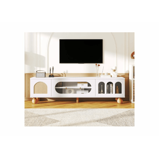 Móvel de TV branco com porta de vime e puxadores dourados 170*47*37 cm