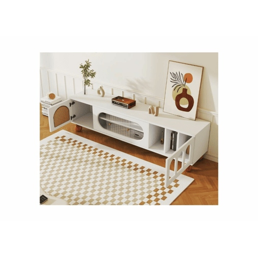 Móvel de TV branco com porta de vime e puxadores dourados 170*47*37 cm