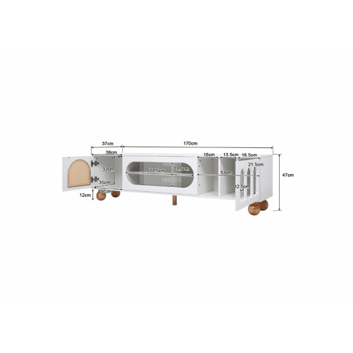 Móvel de TV branco com porta de vime e puxadores dourados 170*47*37 cm