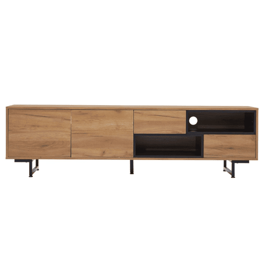 Móvel TV efeito madeira 2 gavetas, 2 portas e 2 nichos abertos preto 173x38x48cm