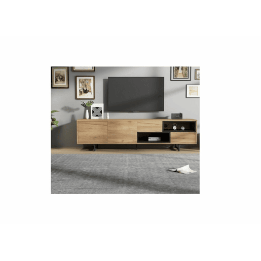 Móvel TV efeito madeira 2 gavetas, 2 portas e 2 nichos abertos preto 173x38x48cm