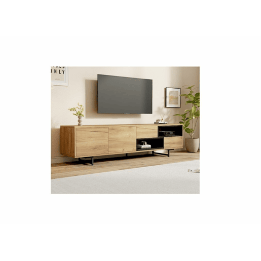 Móvel TV efeito madeira 2 gavetas, 2 portas e 2 nichos abertos preto 173x38x48cm
