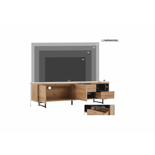 Móvel TV efeito madeira 2 gavetas, 2 portas e 2 nichos abertos preto 173x38x48cm