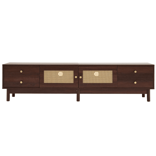 Móvel de TV estilo vintage com efeito de madeira de nogueira com 2 portas de vime, 4 gavetas 180*35*44cm