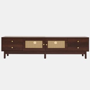 Móvel de TV estilo vintage com efeito de madeira de nogueira com 2 portas de vime, 4 gavetas 180*35*44cm