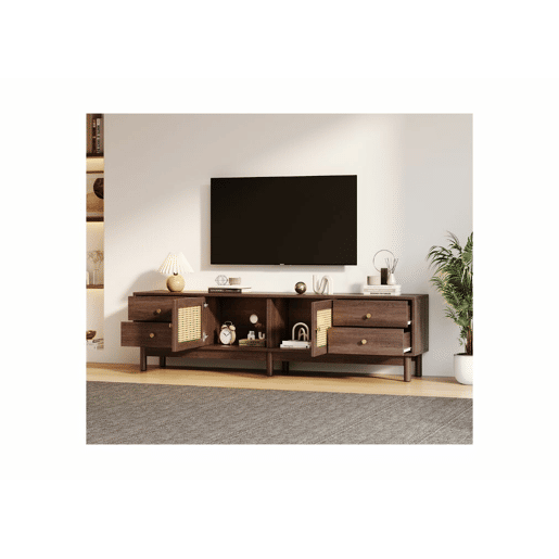 Móvel de TV estilo vintage com efeito de madeira de nogueira com 2 portas de vime, 4 gavetas 180*35*44cm