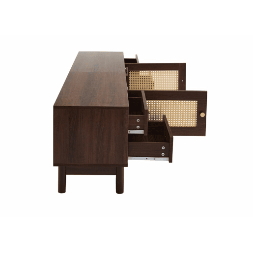 Móvel de TV estilo vintage com efeito de madeira de nogueira com 2 portas de vime, 4 gavetas 180*35*44cm