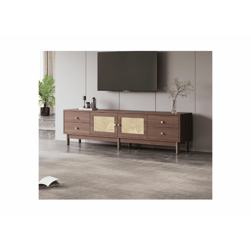 Móvel de TV estilo vintage com efeito de madeira de nogueira com 2 portas de vime, 4 gavetas 180*35*44cm
